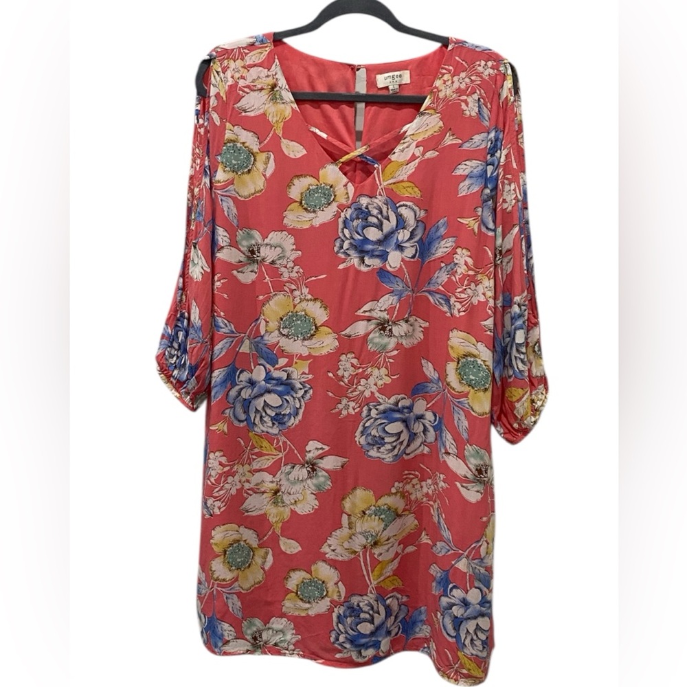 Umgee Womans Coral Floral V-Neck Dress with Blue & Yellow Flowers SZ Large